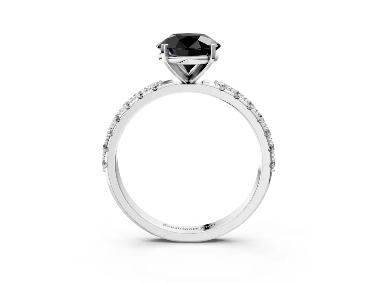 Fancy Black Round Cut Diamond Solitaire Pavé Band with Four-Prong Setting Silver