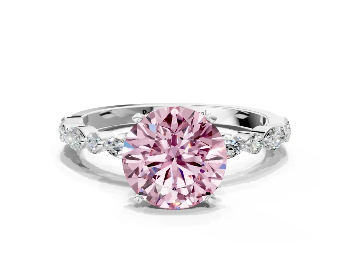 Fancy Pink Round Cut Diamond Ring with Marquise and Round Side Stones and Four-Prong Setting Silver