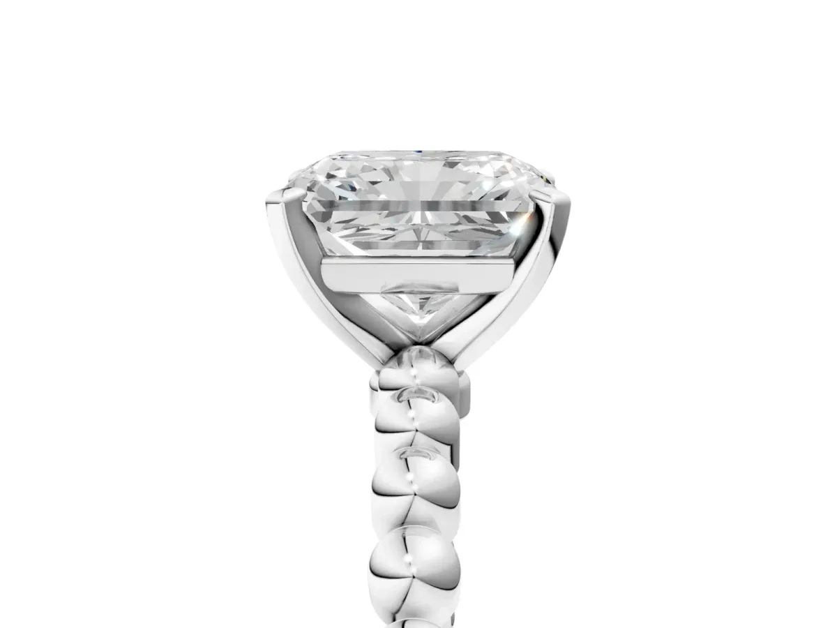 Radiant Cut Diamond Solitaire Ring with Beaded Band and Prong Setting White gold