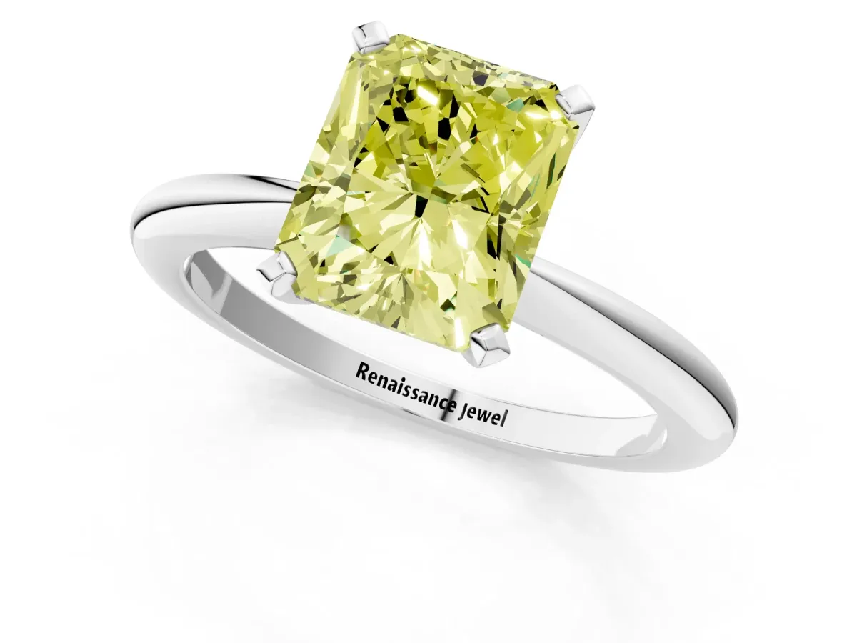 Fancy Yellow Radiant Cut Diamond Solitaire Ring with Six-Prong Setting and Classic Band Silver