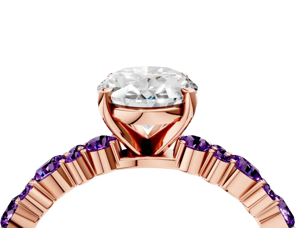 Oval Cut Diamond Side Stone Solitaire Ring with Round Amethyst and Four-Prong Setting Rose gold