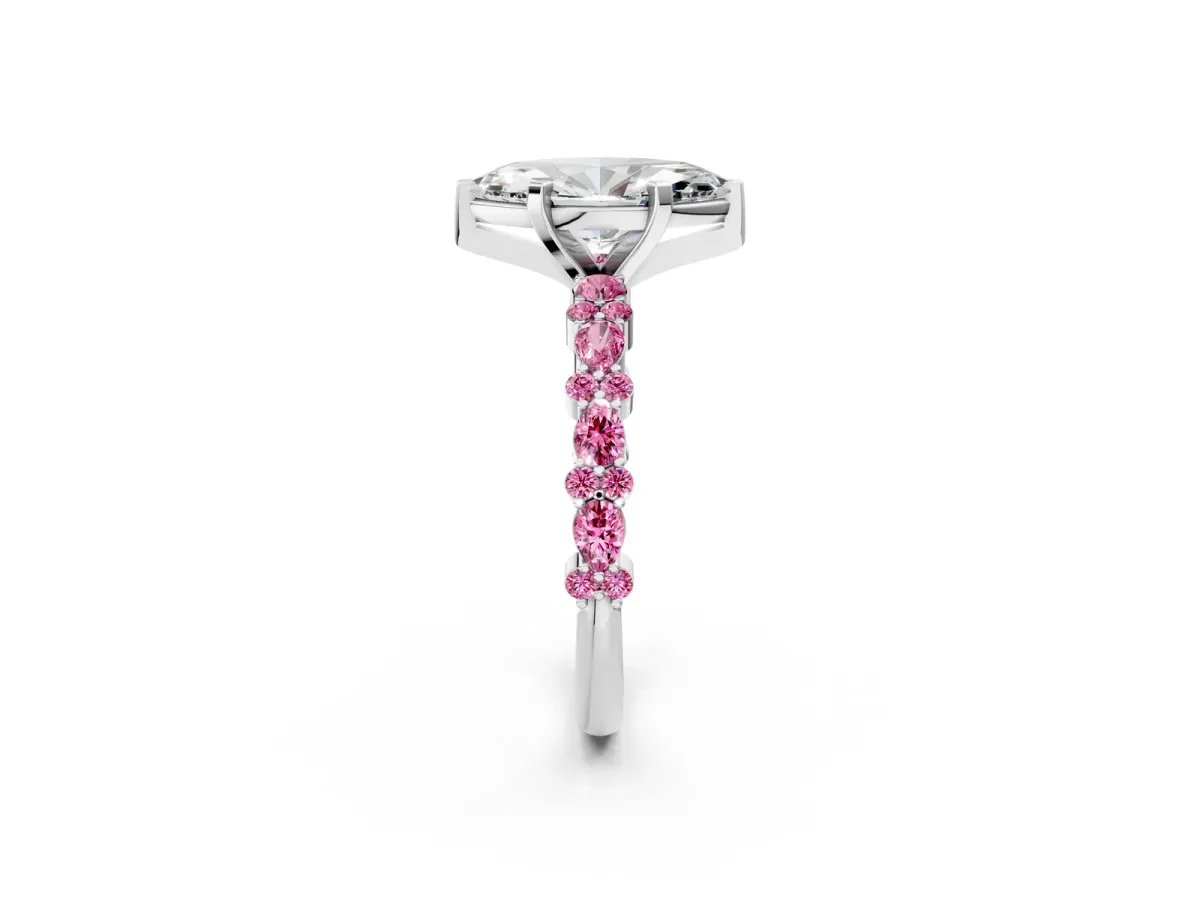 Marquise Cut Diamond Side Stone Solitaire Ring with Round Pink Sapphire and Four-Prong Setting Silver