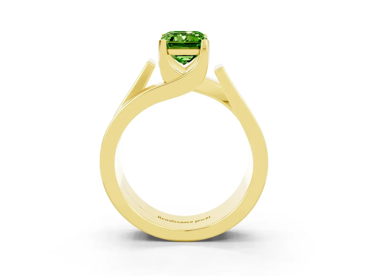 Modern Tension Set Emerald Cut Peridot Solitaire Wide Band Ring Yellow gold