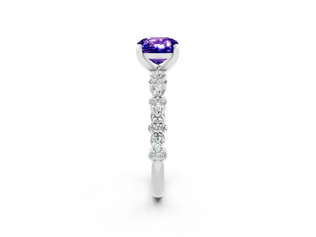 Cushion Cut Tanzanite Side Stone Solitaire Ring with Round and Four-Prong Setting Platinum
