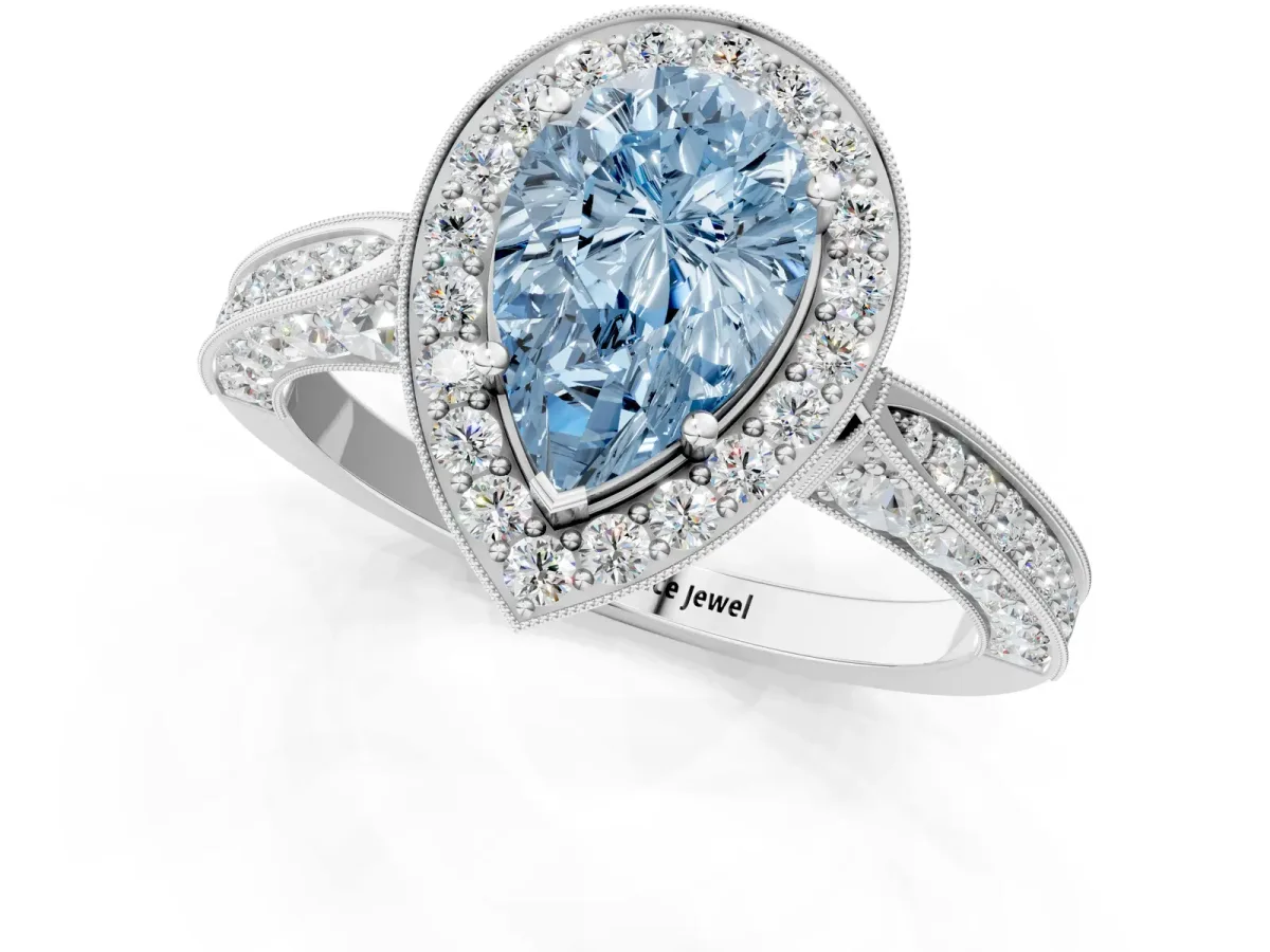 Fancy Blue Pear Cut Halo Diamond Engagement Ring with Split Shank Band and Four-Prong Setting Platinum