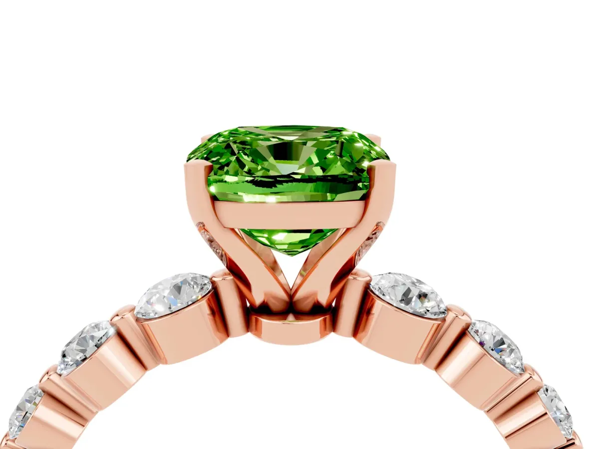 Cushion Cut Solitaire Peridot Ring with Pave Band and Four-Prong Setting Rose gold