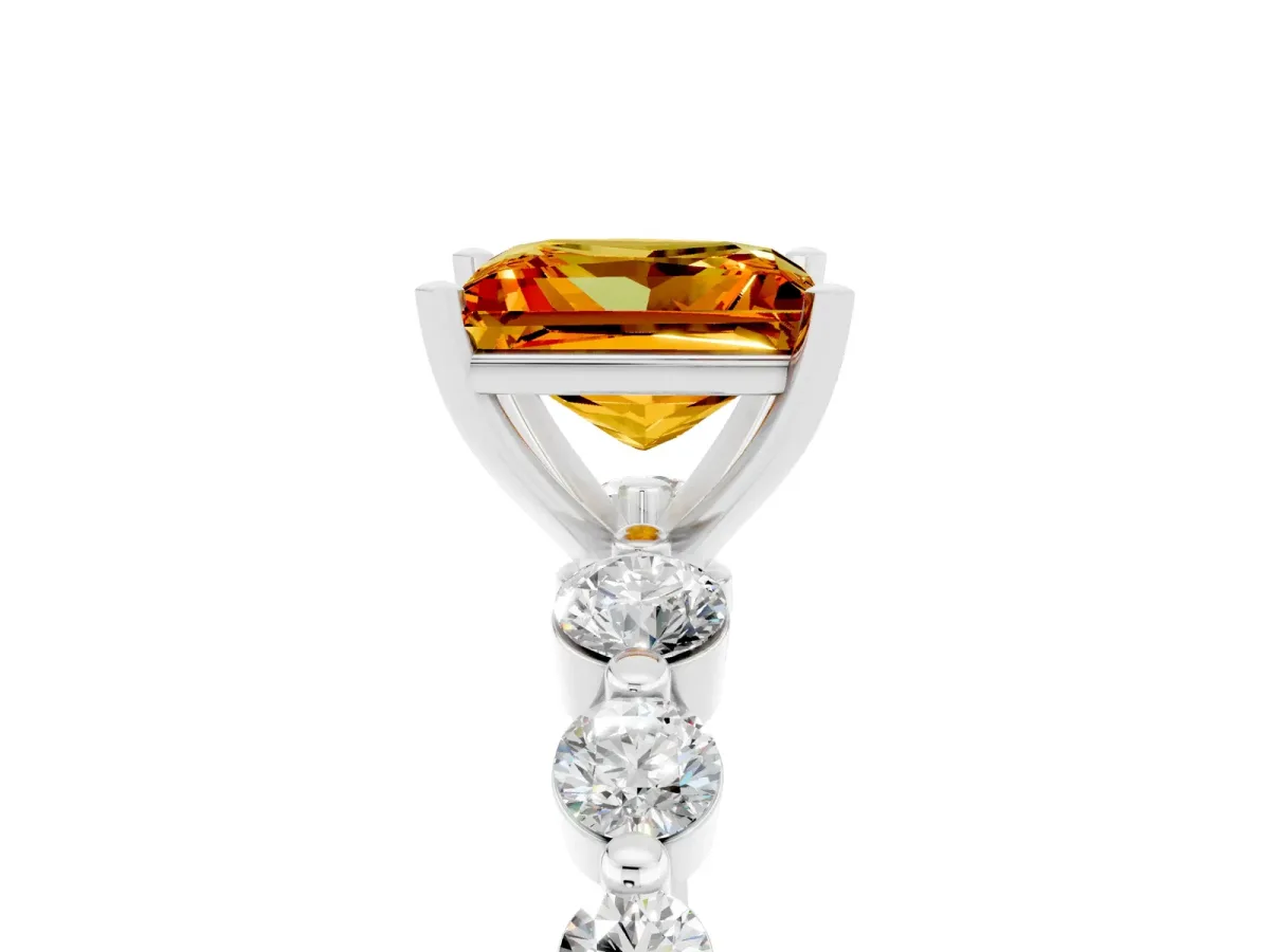 Princess Cut Solitaire Citrine Ring with Pave Band and Four-Prong Setting Silver