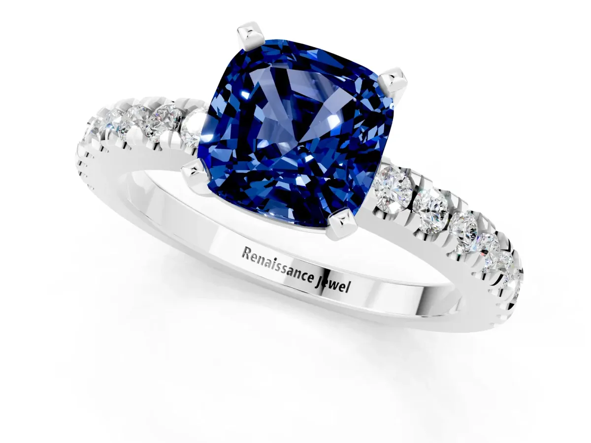 Cushion Cut Solitaire Blue Sapphire with Pavé Band and Four-Prong Setting Silver