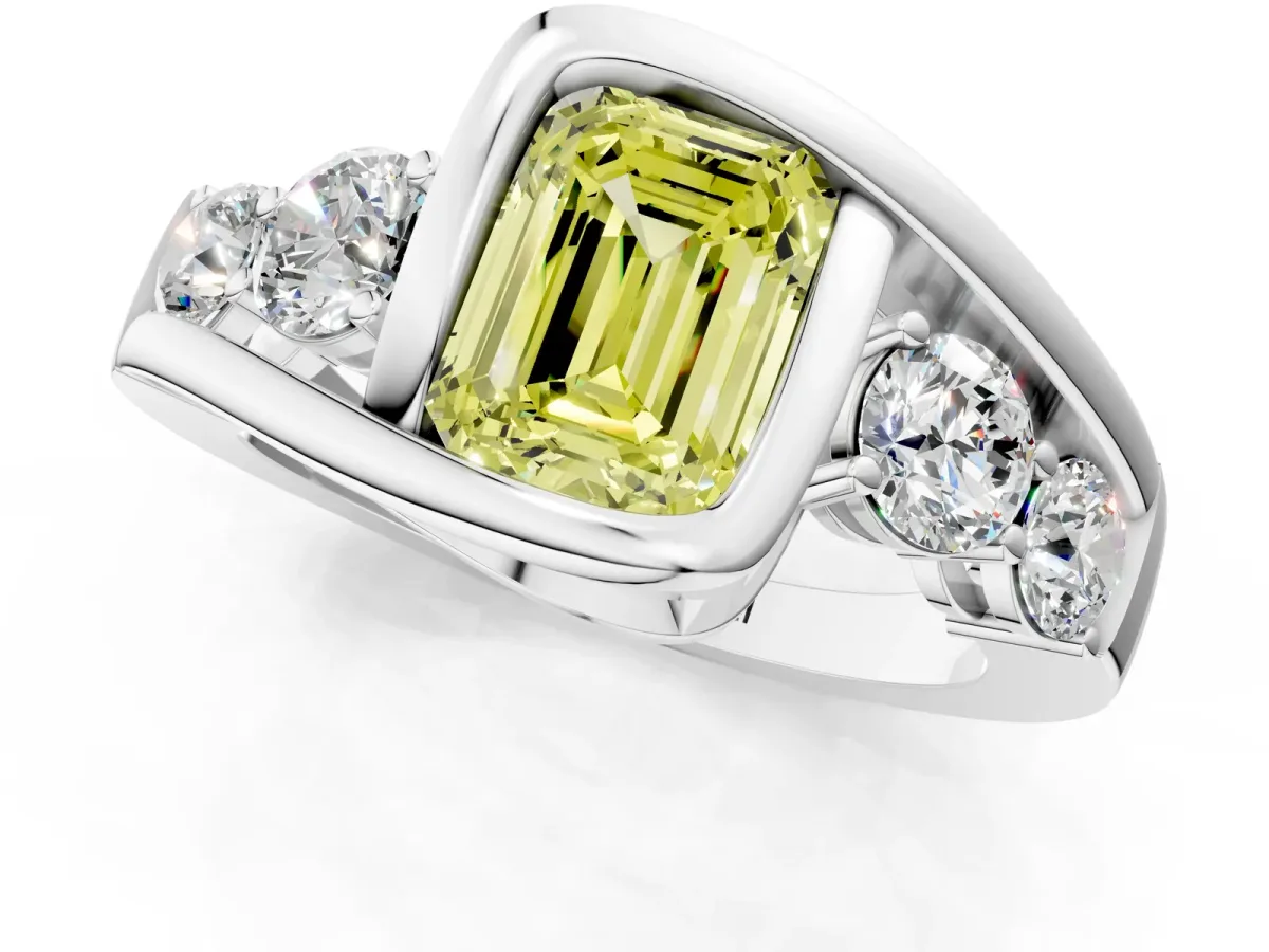 Fancy Yellow Bezel Set Emerald Cut Diamond Bypass Ring with Round Accents Silver