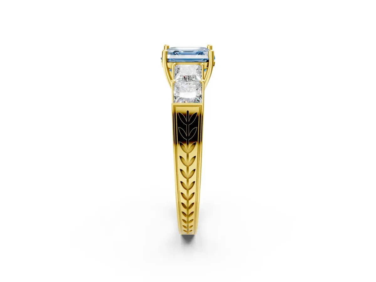 Fancy Blue Asscher Cut Solitaire Princess Side Stone Engraved Band Prong Setting Ring Yellow gold