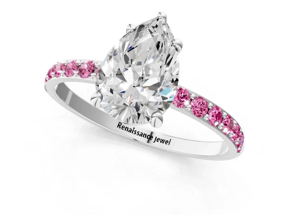 Pear Cut Diamond Solitaire Ring with Round Pink Sapphire Pavé Band and Prong Setting Silver