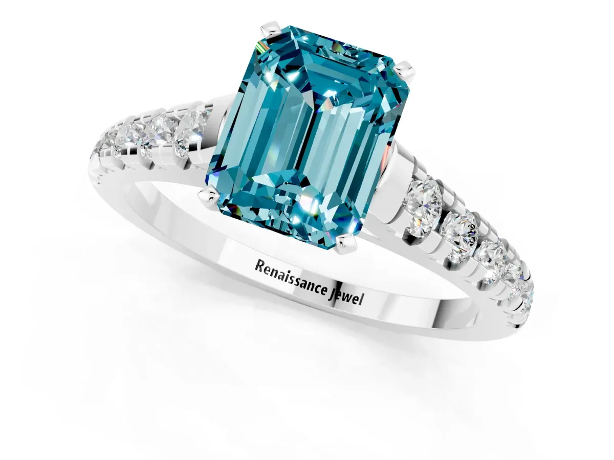 Emerald Cut Blue Topaz Cathedral Solitaire Ring with Round Pavé Band Platinum