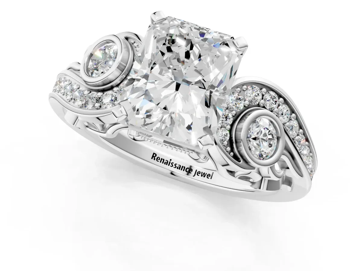 Radiant Cut Diamond Solitaire Ring with Milgrain Pavé Band and Four-Prong Setting Silver