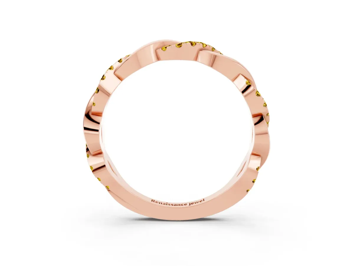 Pavé Round Yellow Sapphire Twist Eternity Band with Shared Prong Setting Rose gold