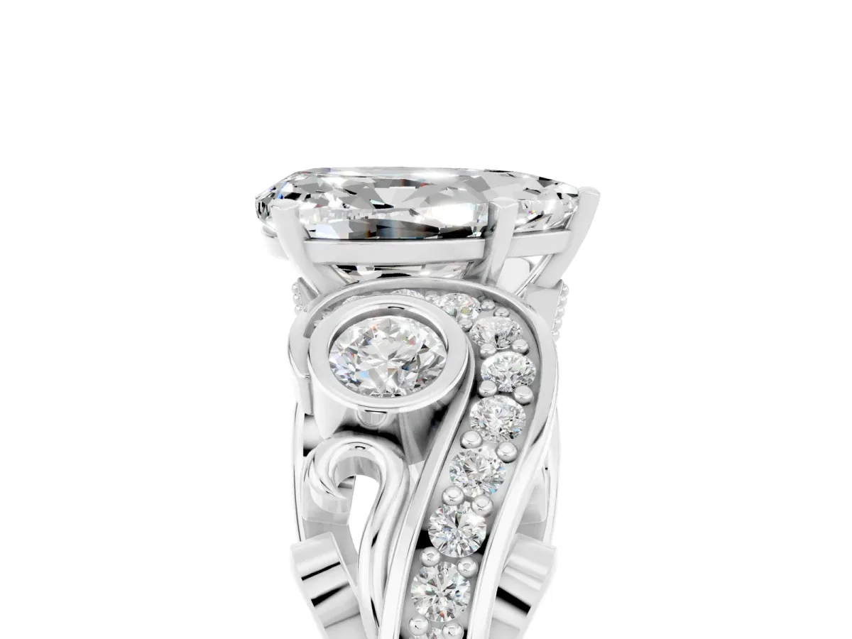 Pear Cut Moissanite Solitaire Ring with Milgrain Pavé Band and Four-Prong Setting Silver