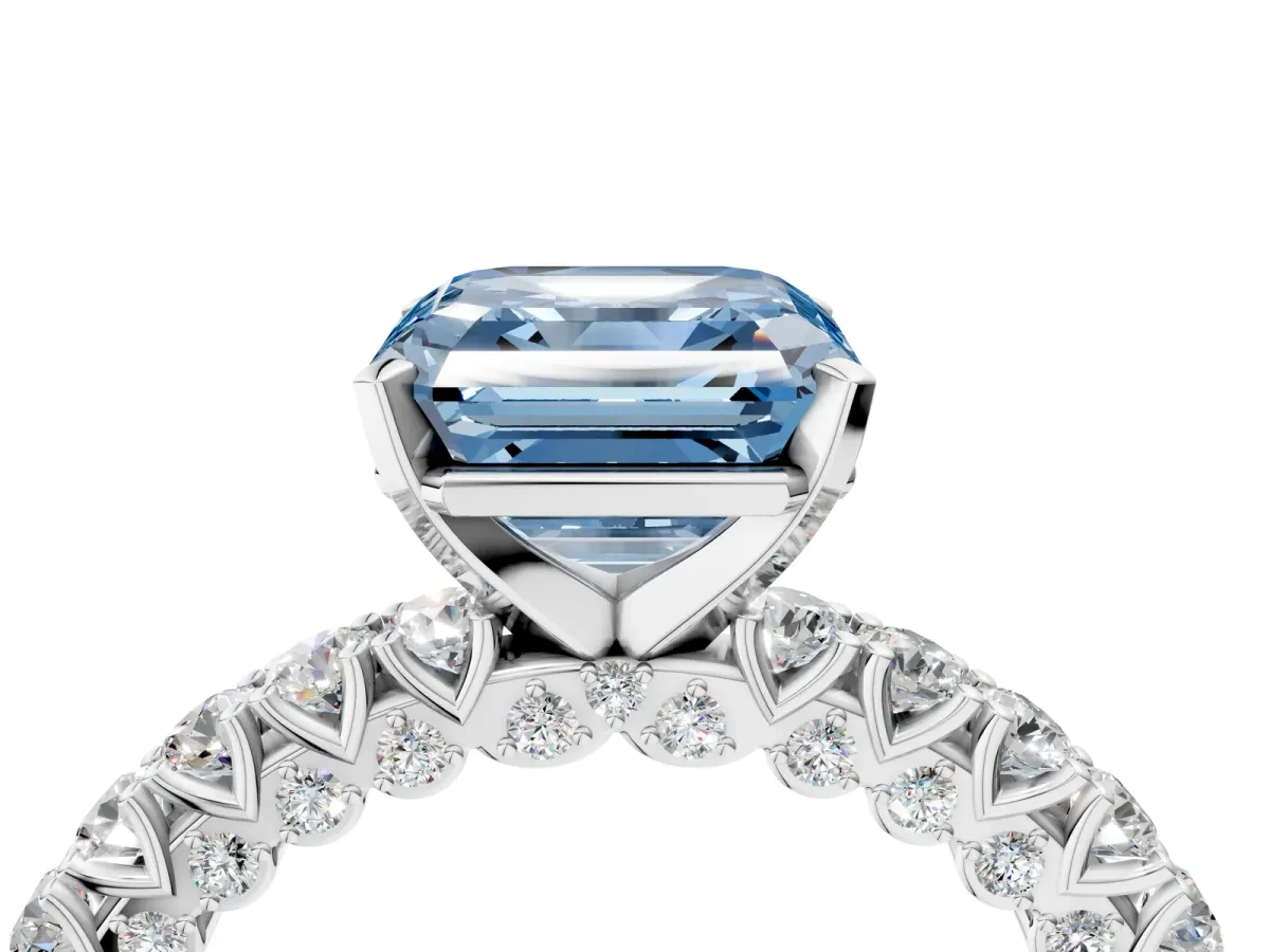 Fancy Blue Asscher Cut Diamond Solitaire Ring with Round Accent Pavé Band and Prong Setting Platinum