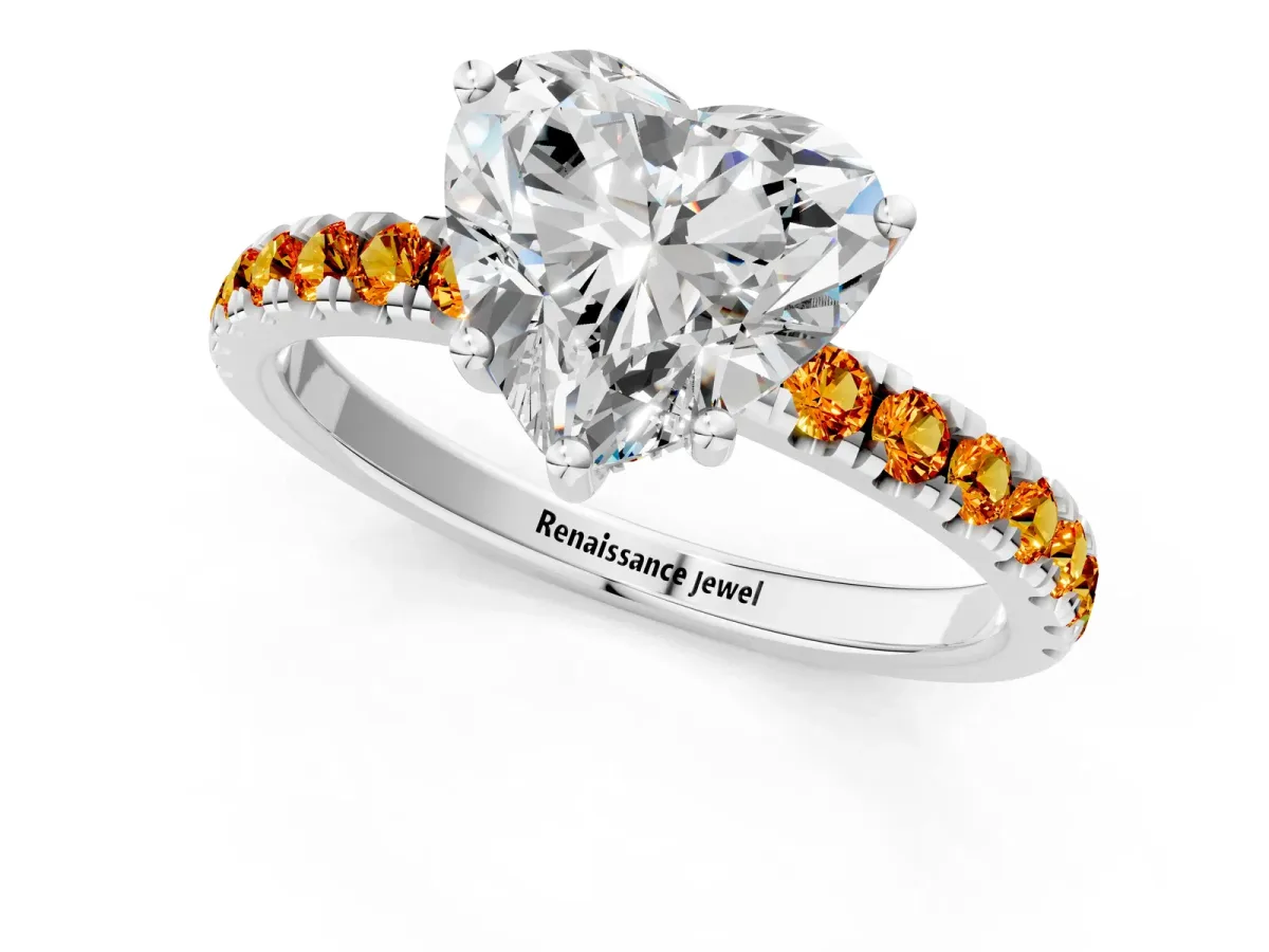 Heart Cut Diamond Pave Band Solitaire Ring with Round Citrine and Prong Setting Silver