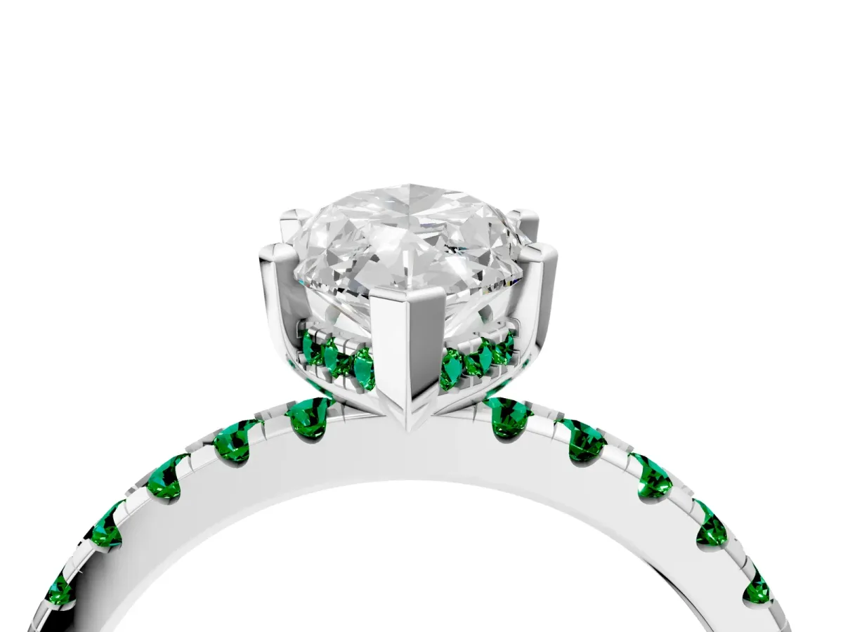 Marquise Cut Diamond Solitaire Ring with Round Emerald Pavé Band and Four-Prong Setting Silver