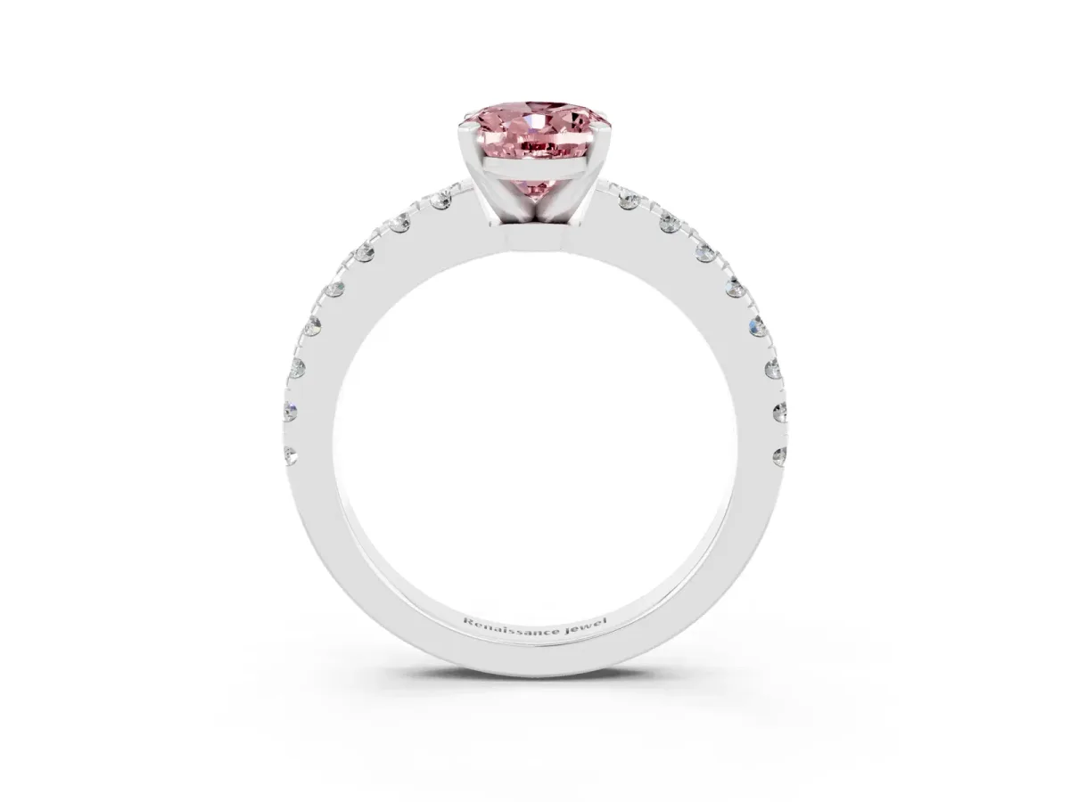 Oval Cut Solitaire Morganite with Pavé Band and Four-Prong Setting Silver