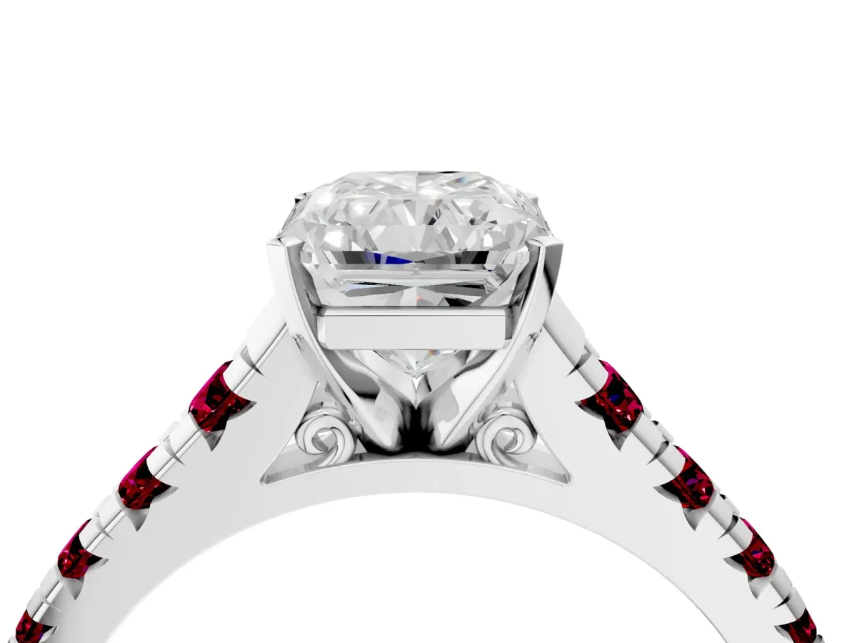 Radiant Cut Diamond Cathedral Solitaire Ring with Round Garnet Pavé Band Silver