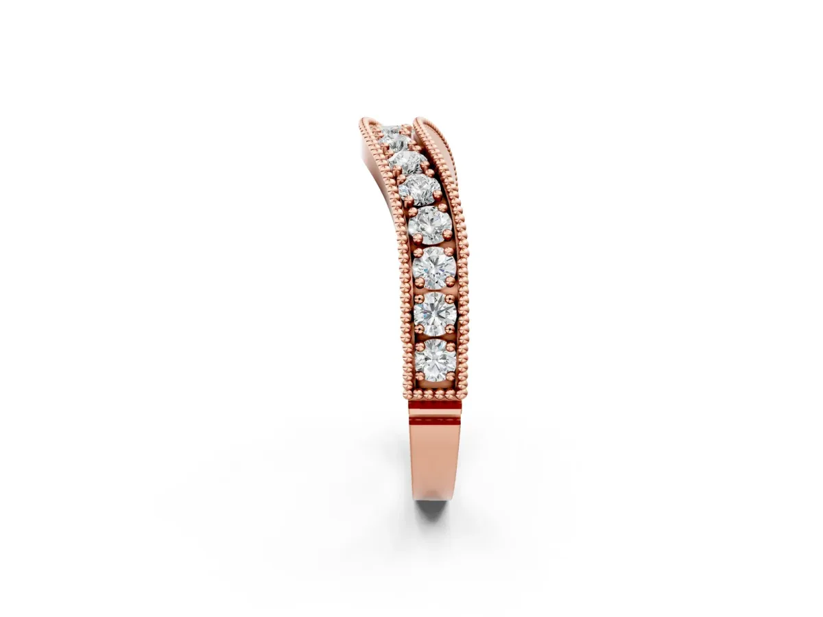 Round Diamond Milgrain Contour Wedding Band with Pavé Setting Rose gold