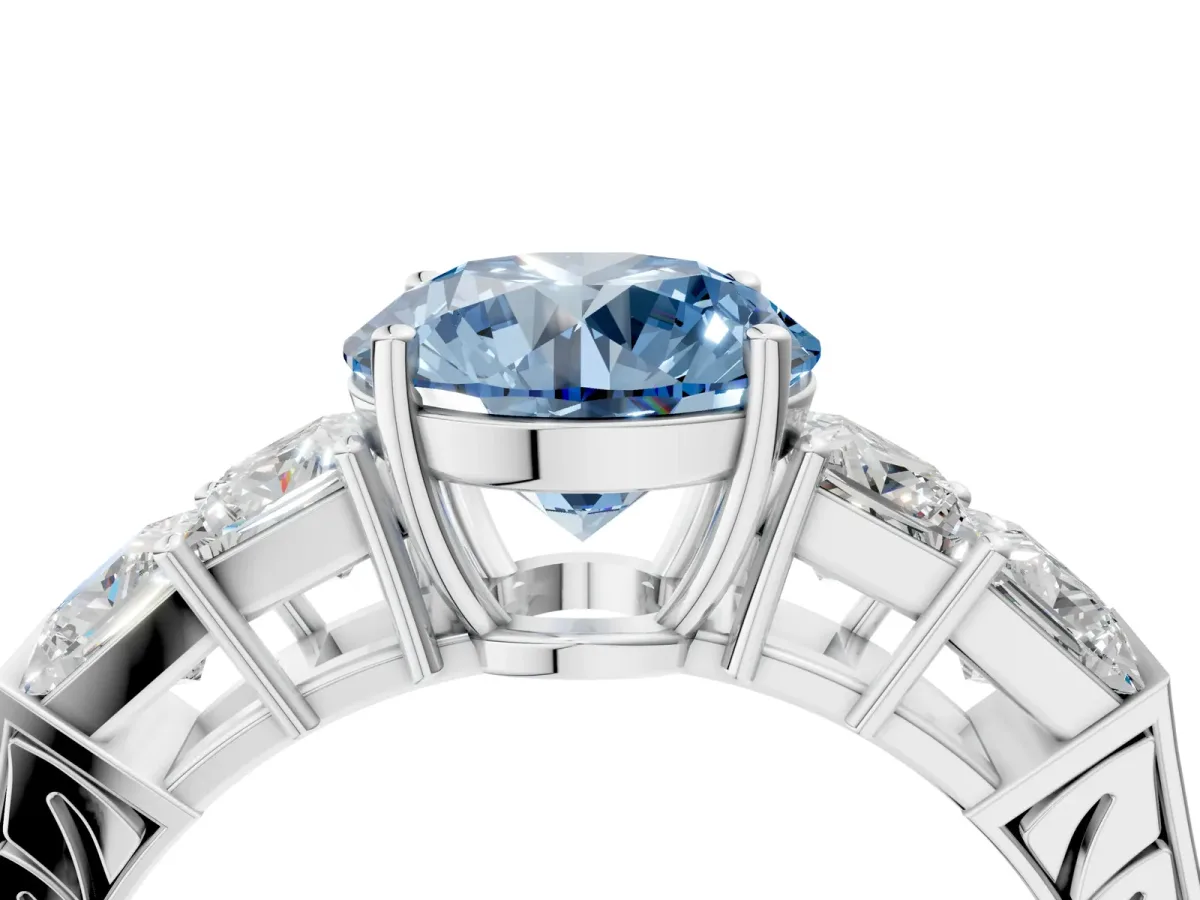 Fancy Blue Round Cut Solitaire Princess Side Stone Engraved Band Prong Setting Ring Platinum