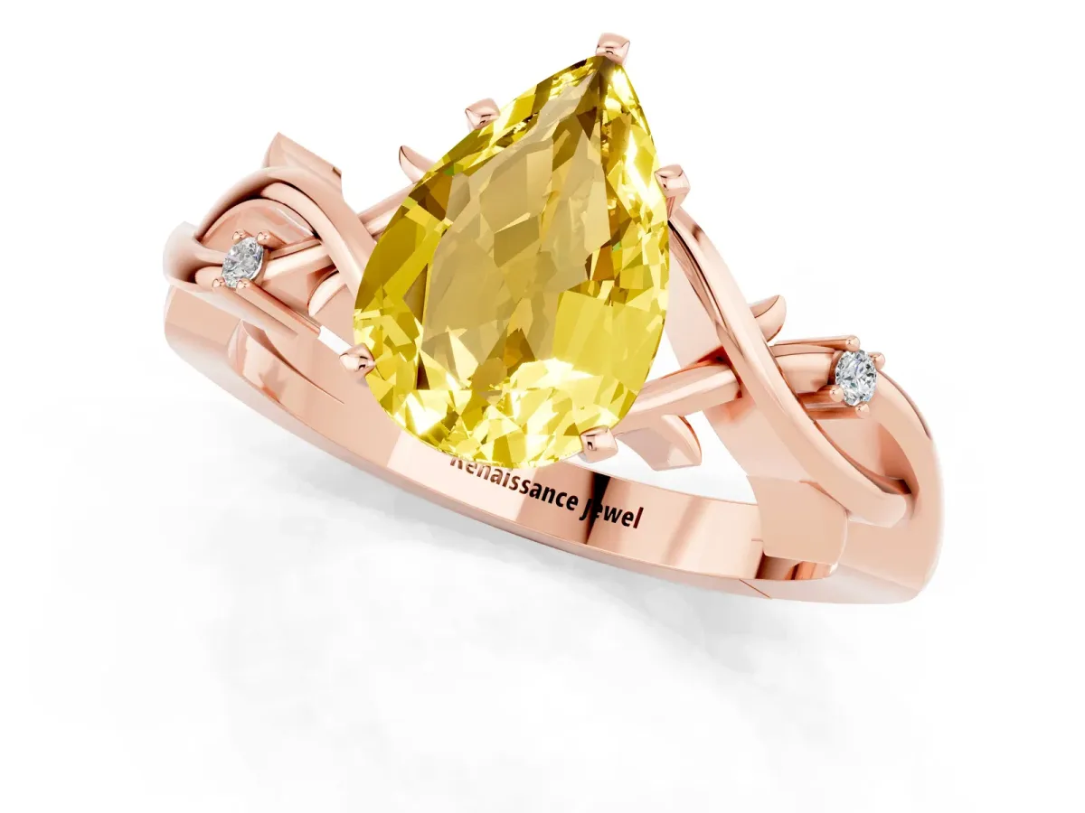 Pear Cut Yellow Sapphire Solitaire Ring with Twisted Band and Prong Setting Rose gold