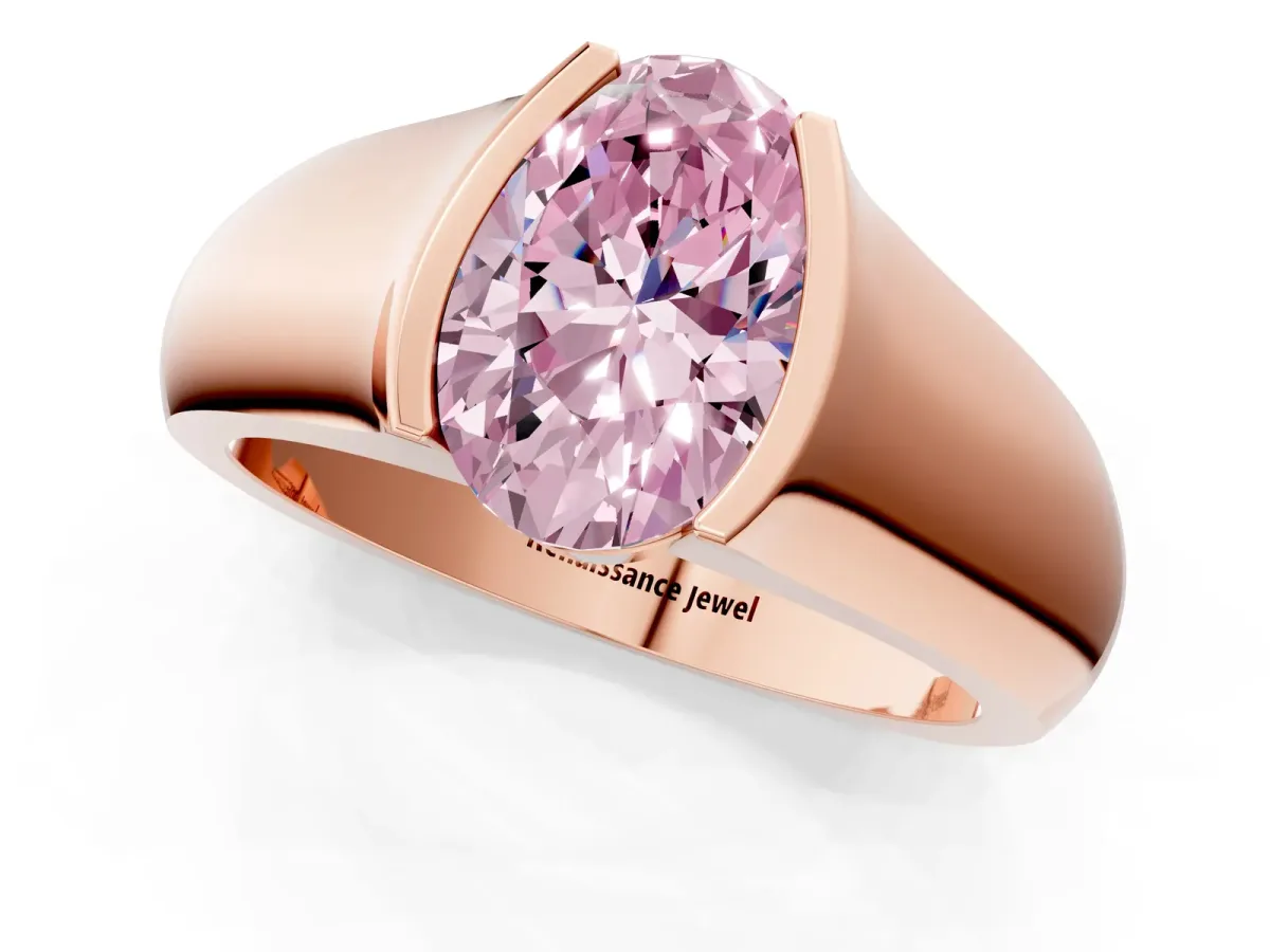 Fancy Pink Oval Cut Solitaire Bezel Set Diamond Ring with Wide Band Rose gold