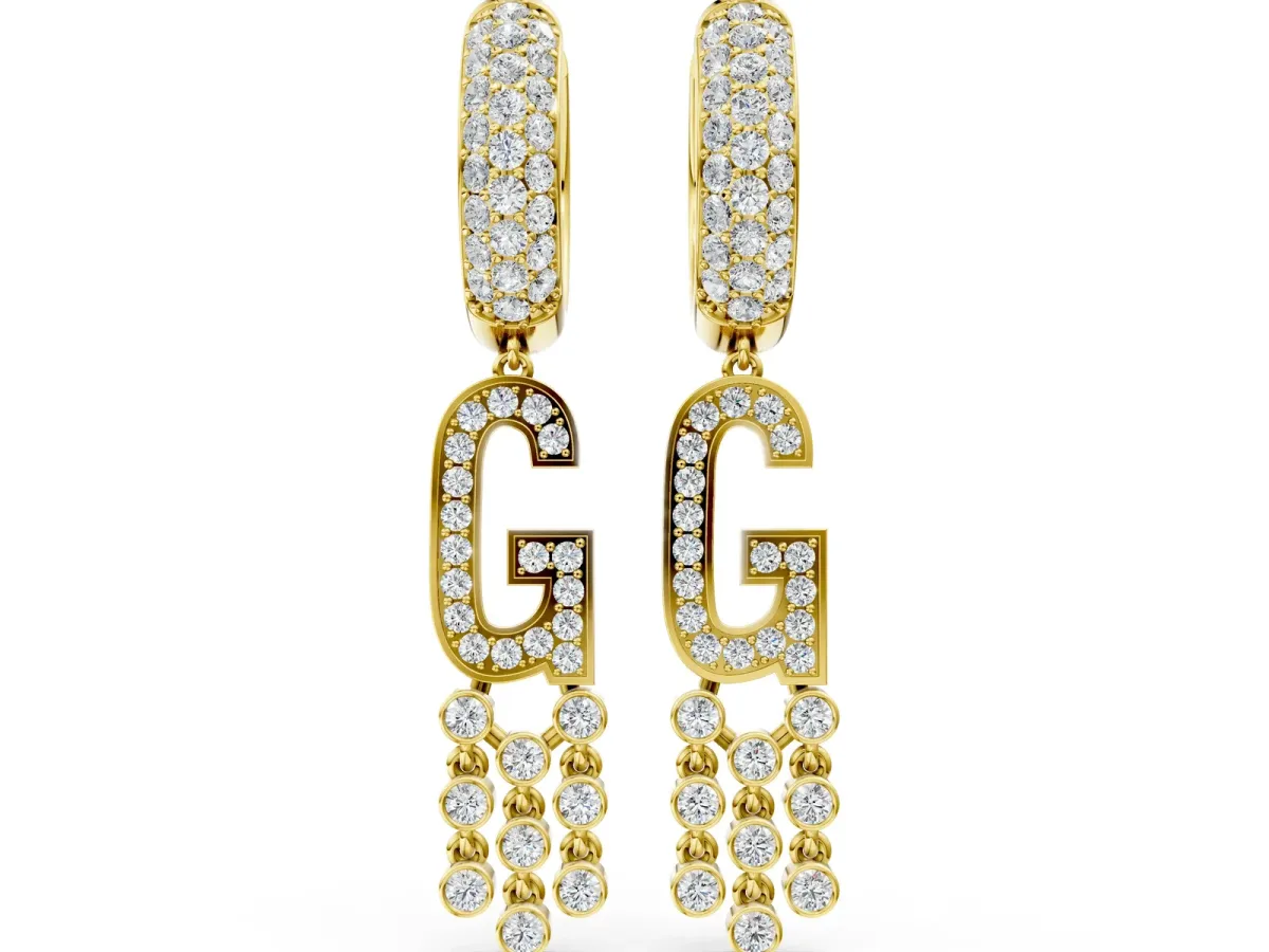 Round Diamond Initial G Huggie Hoop Earrings Yellow gold