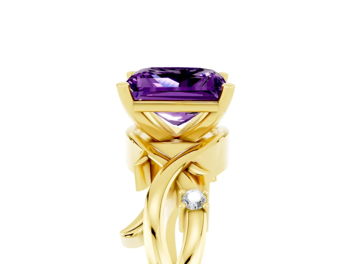 Princess Cut Amethyst Solitaire Ring with Twisted Band and Prong Setting Yellow gold