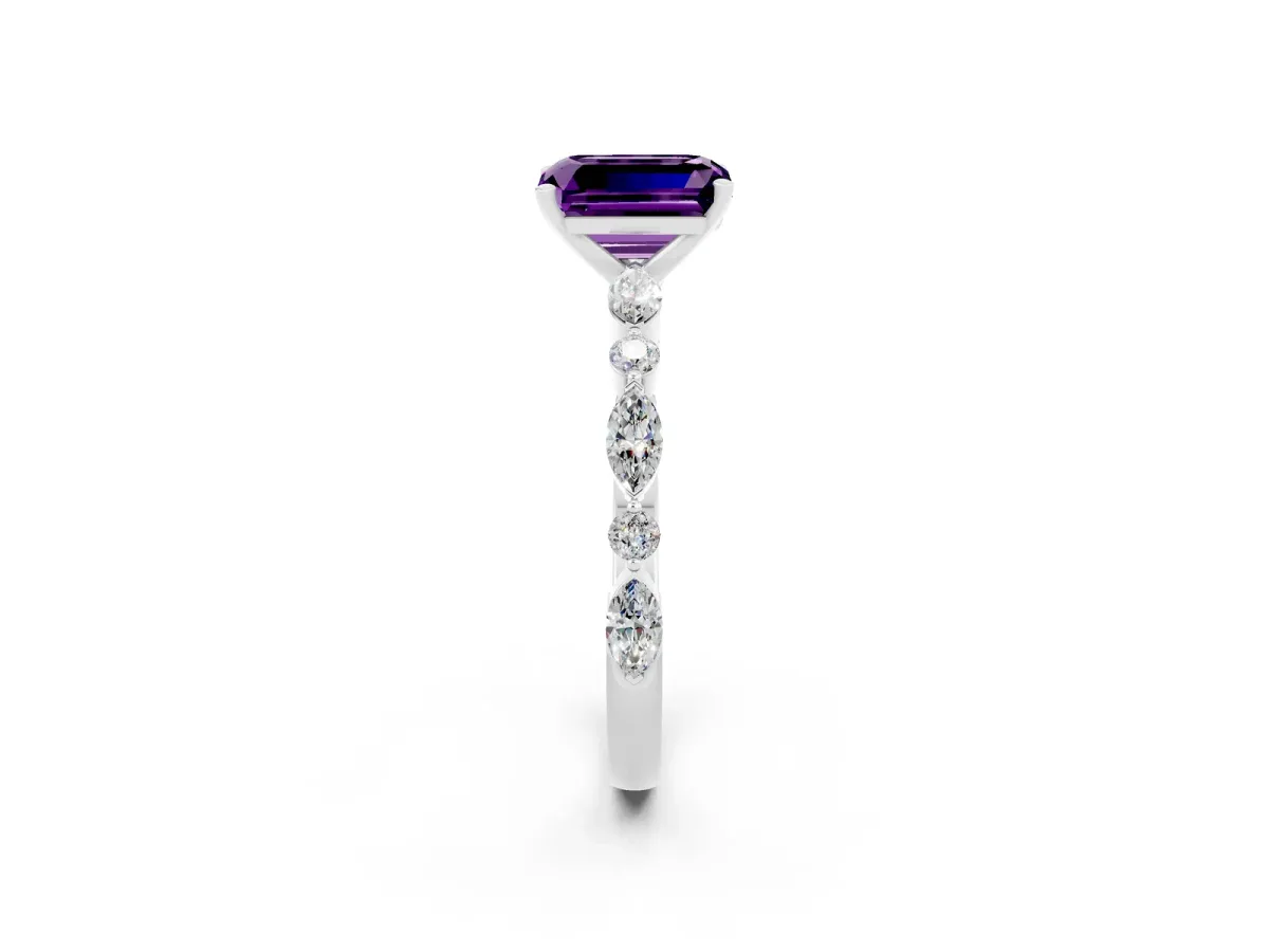 Emerald Cut Amethyst Ring with Marquise and Round Side Stones and Four-Prong Setting Silver