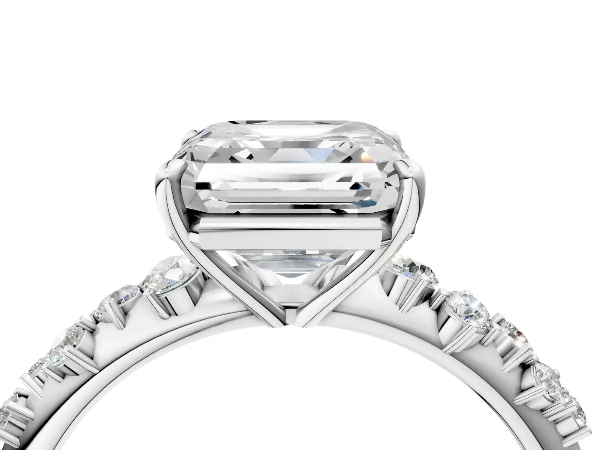 Asscher Cut Diamond Cluster Side Stone Solitaire Ring with Prong Setting Platinum