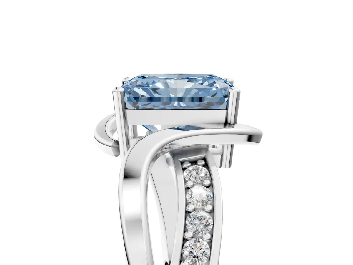 Fancy Blue Radiant Cut Solitaire Twisted Band with Prong Setting Platinum