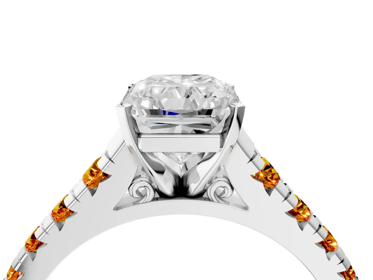 Radiant Cut Diamond Cathedral Solitaire Ring with Round Citrine Pavé Band Silver
