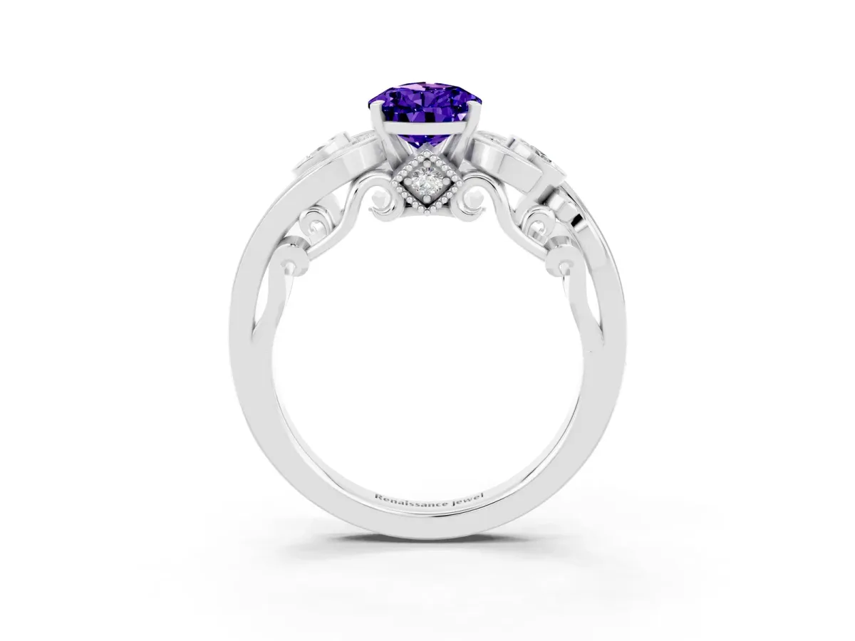 Pear Cut Tanzanite Solitaire Ring with Milgrain Pavé Band and Four-Prong Setting Silver
