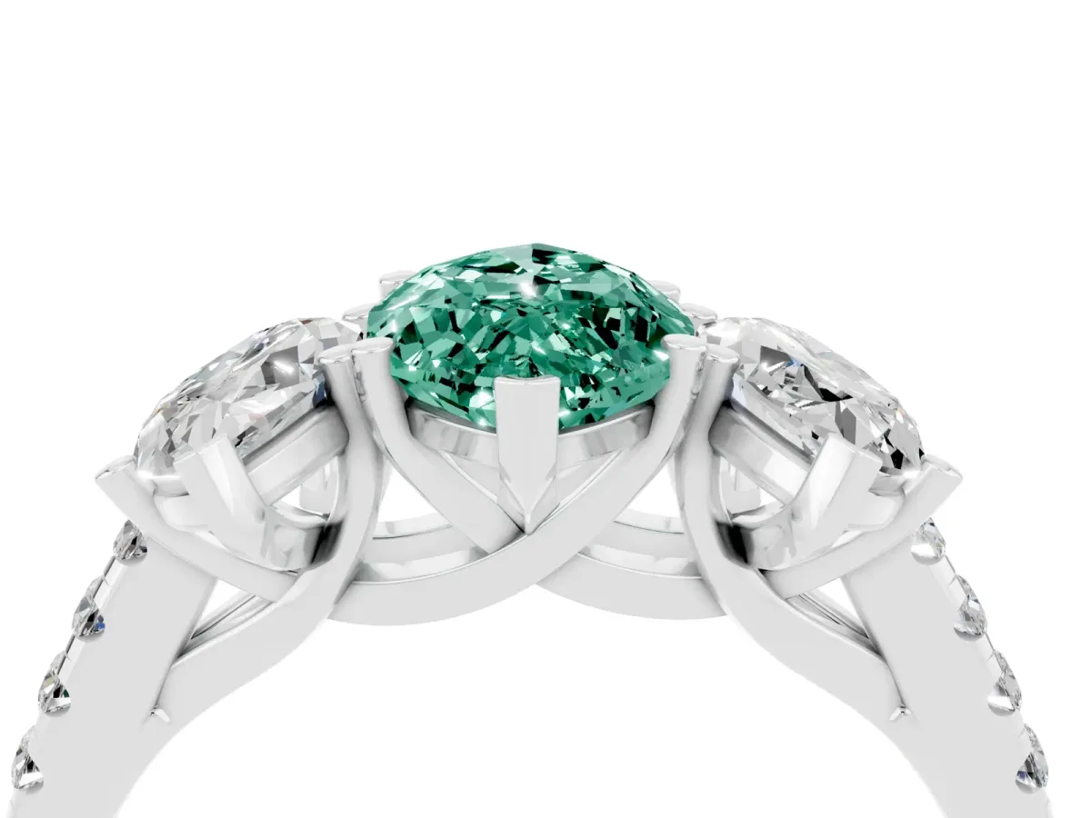 Three-Stone Marquise Cut Green Sapphire Ring with Round Pavé Band and Prong Setting Silver