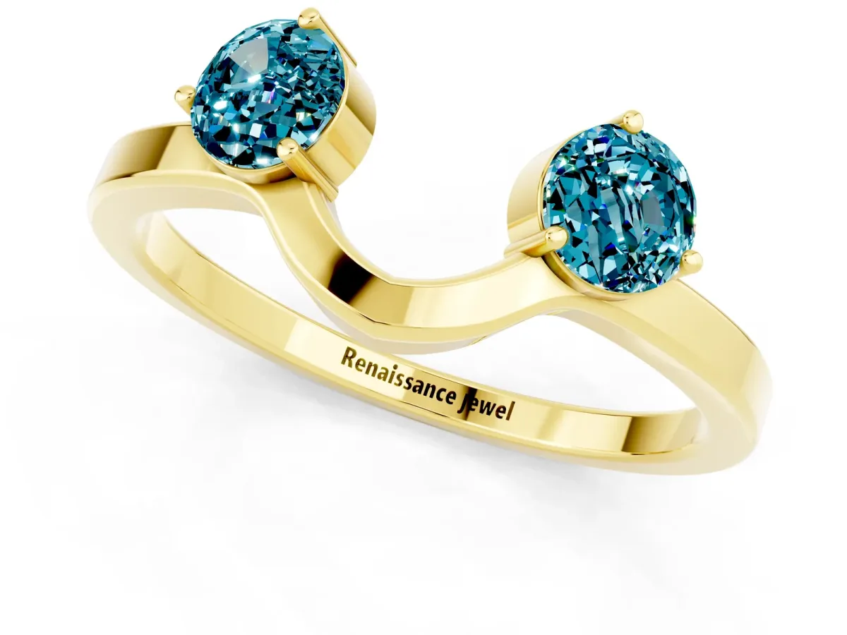 Dual Round Blue Topaz Open Band Ring with Prong Setting Yellow gold