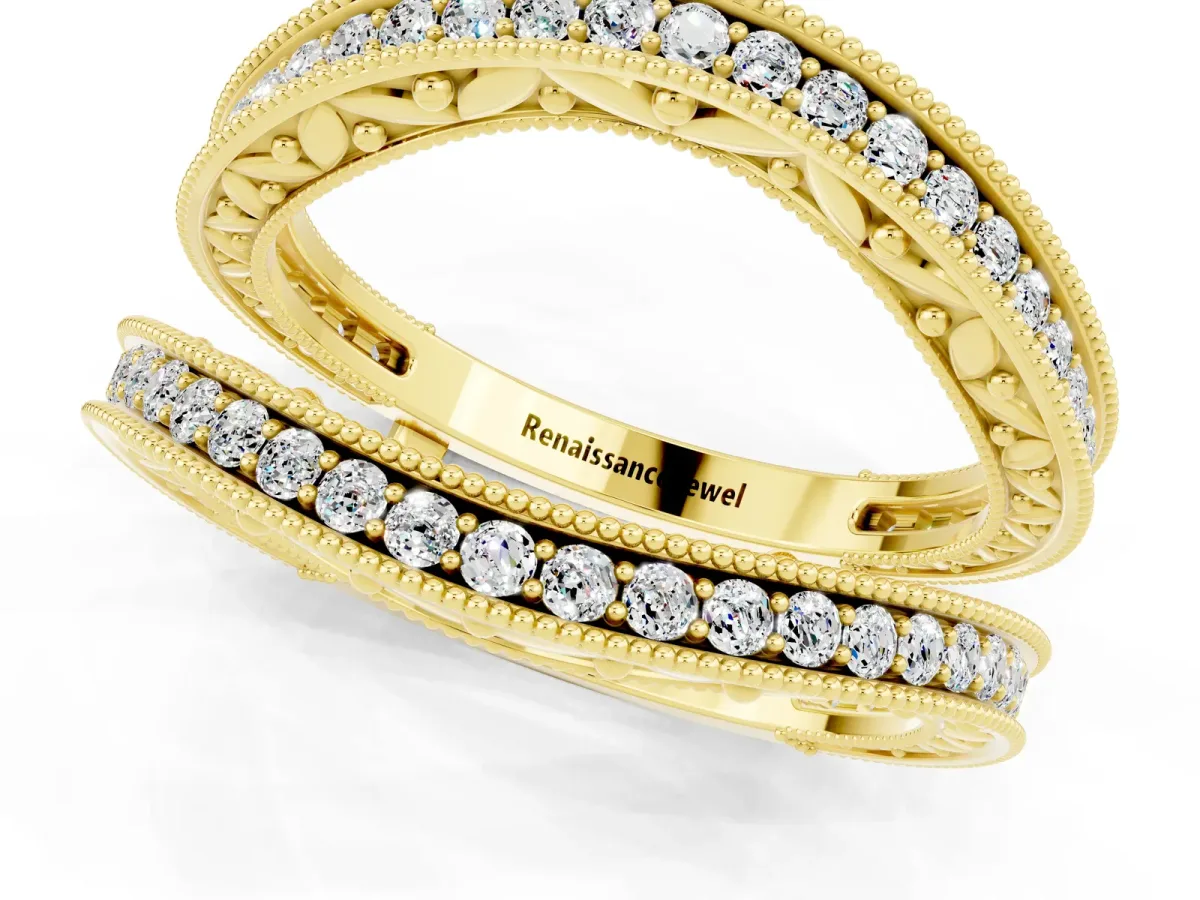 Round Moissanite Milgrain Eternity Band with Channel Setting Yellow gold