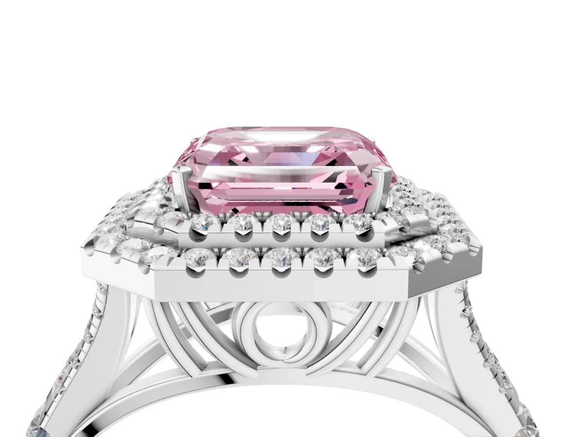 Fancy Pink Asscher Cut Diamond Pavé Split Shank Double Halo Engagement Ring Platinum