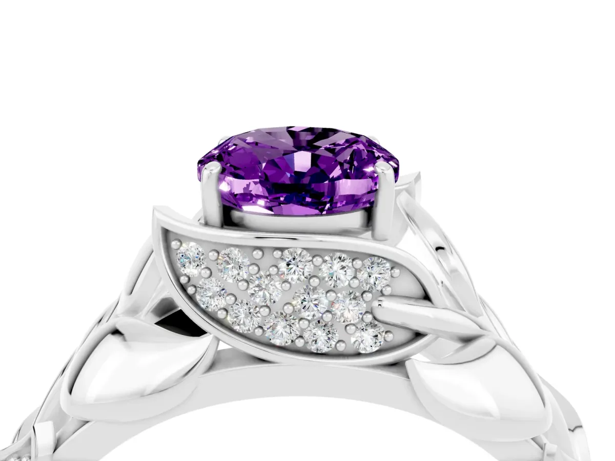 Oval Cut Amethyst Leaf-Inspired Engagement Ring with Round Accents and Prong Setting Platinum