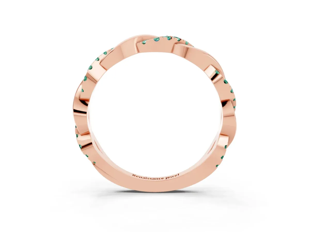 Round Green Sapphire Twist Eternity Band with Pavé Setting Rose gold