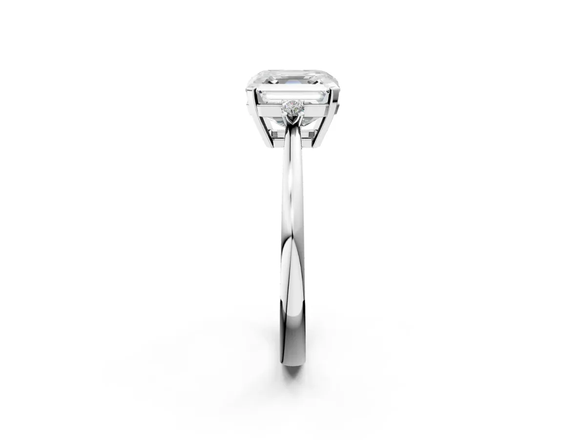 Asscher Cut Cut Three-Stone Solitaire Ring with Round Accent Diamonds and Four-Prong Setting Platinum