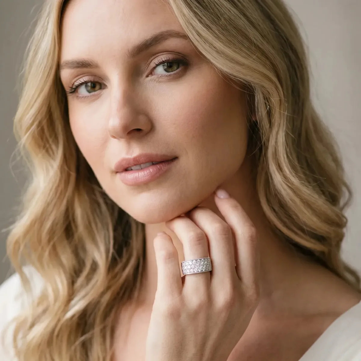 Pavé Round Diamond Wide Band with Milgrain Edge Platinum
