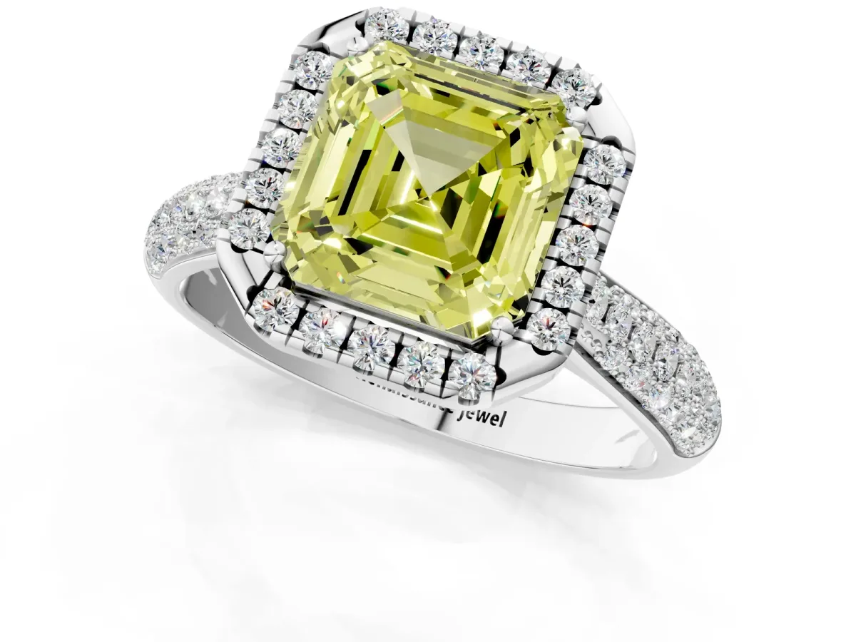 Fancy Yellow Asscher Cut Halo Diamond Ring with Pavé Band Platinum