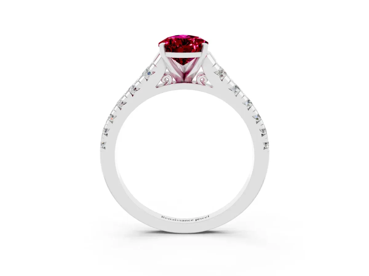 Pear Cut Garnet Cathedral Solitaire Ring with Round Pavé Band Platinum