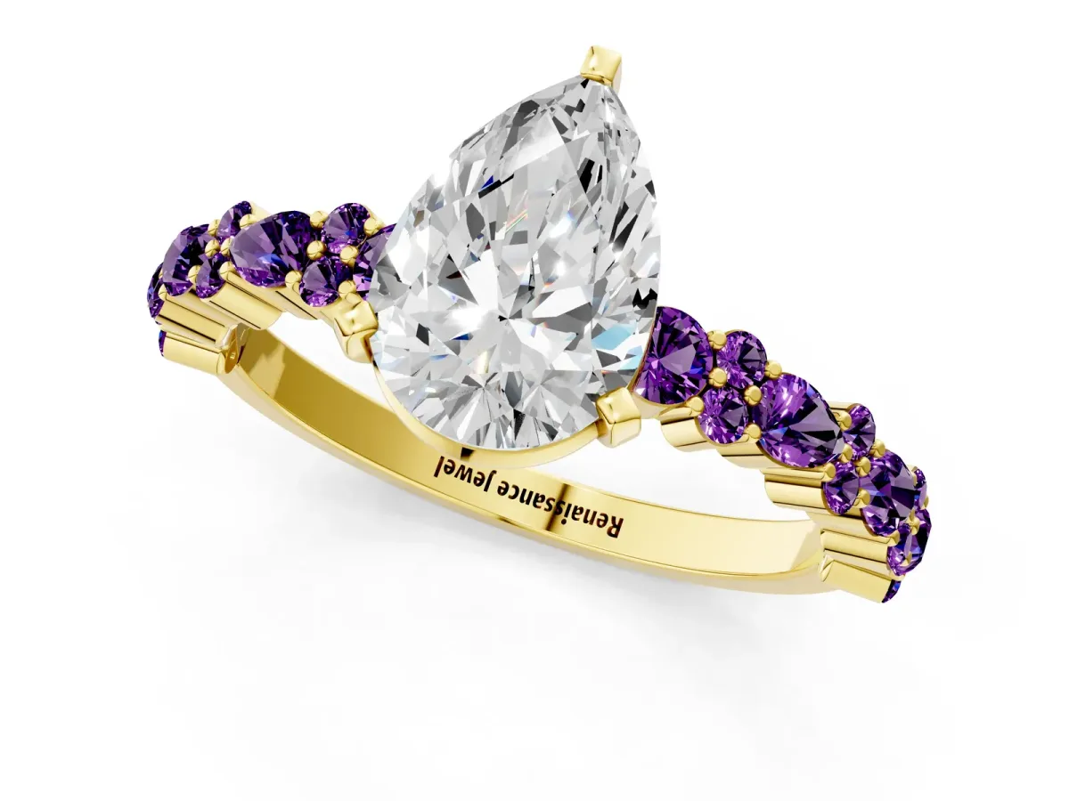 Pear Cut Diamond Side Stone Solitaire Ring with Round Amethyst and Four-Prong Setting Yellow gold