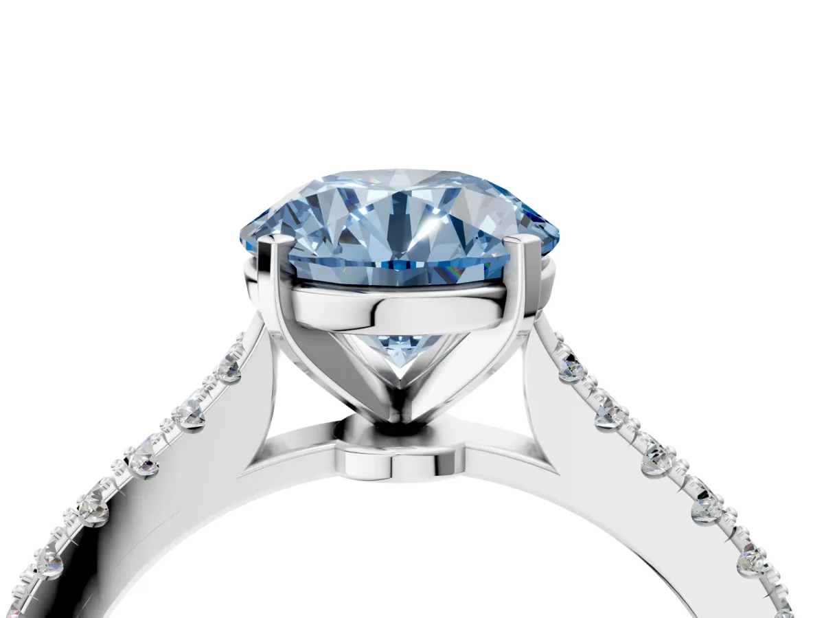 Fancy Blue Round Cut Cut Solitaire Diamond Engagement Ring with Pave Band and Four-Prong Setting Silver