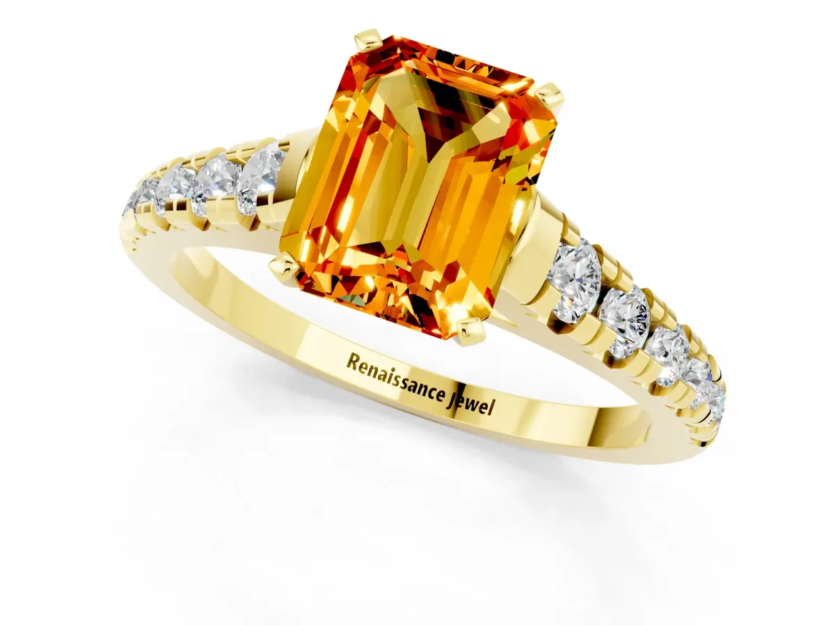 Emerald Cut Citrine Cathedral Solitaire Ring with Round Pavé Band Yellow gold