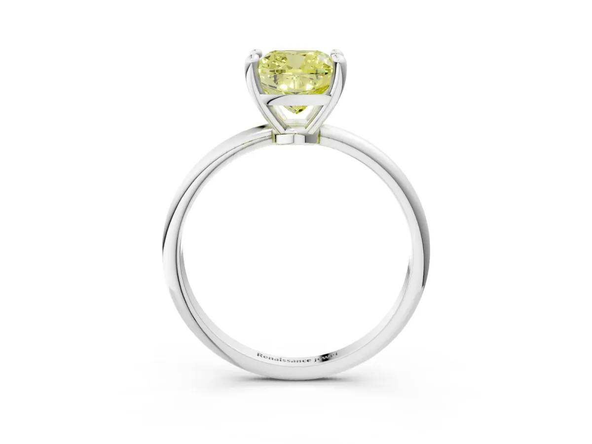Fancy Yellow Cushion Cut Solitaire Diamond Ring with 4-Prong Setting on a Classic Band Silver