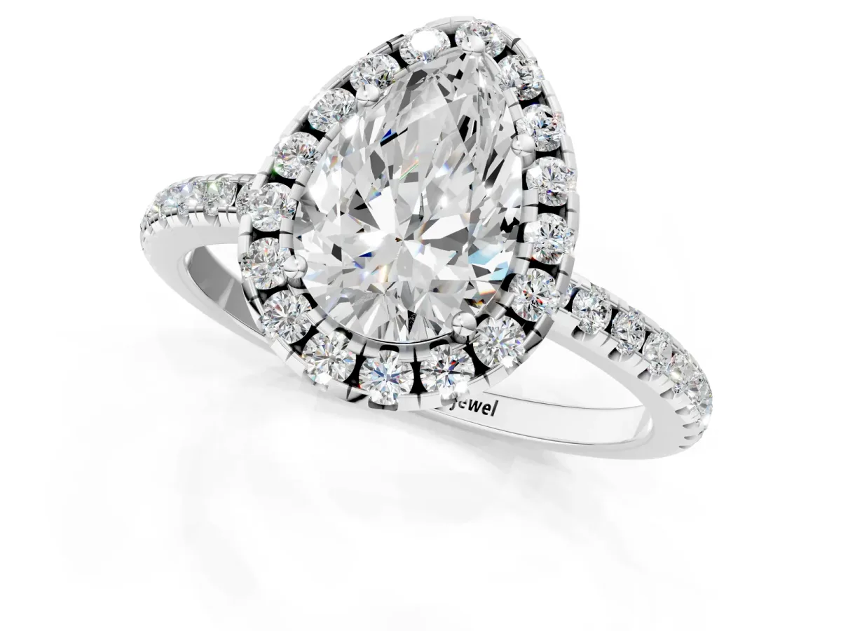 Pear Cut Diamond Halo Ring with Round Pavé Band and Prong Setting Platinum